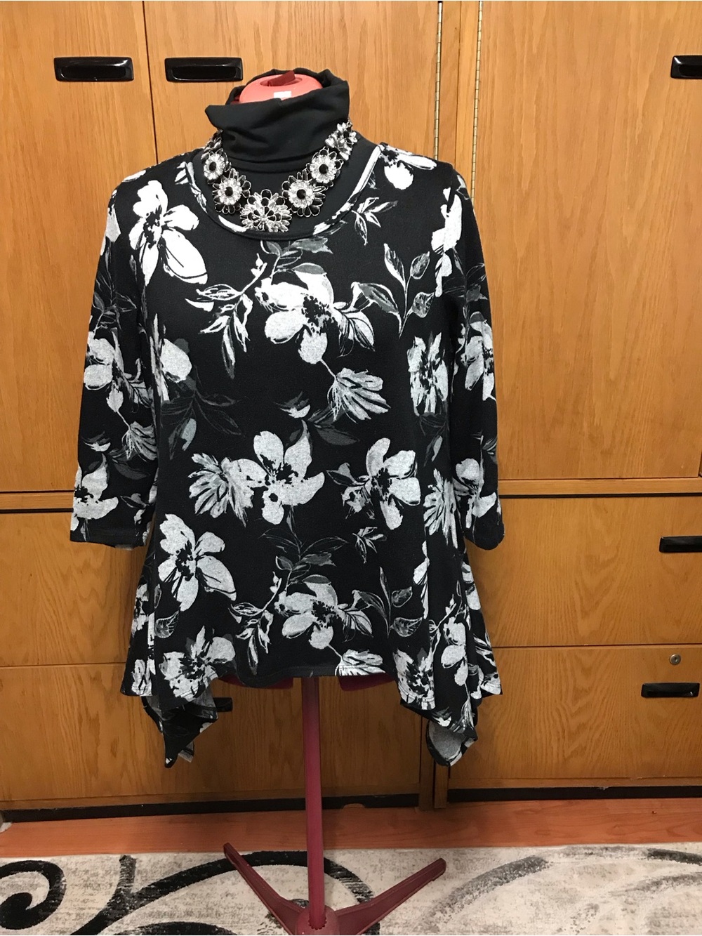 Artisan Black Floral Handkerchief-Hem Tunic